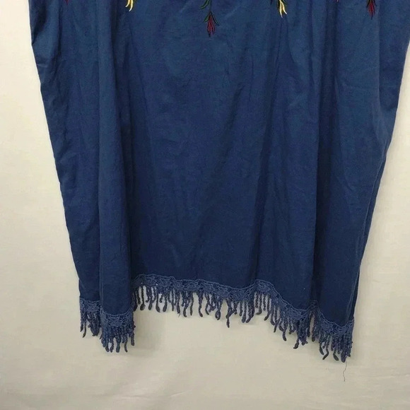 Anandas Boho Embroidered Tunic Top Navy Blue Fringe Hem Festival Style - Picture 3 of 7